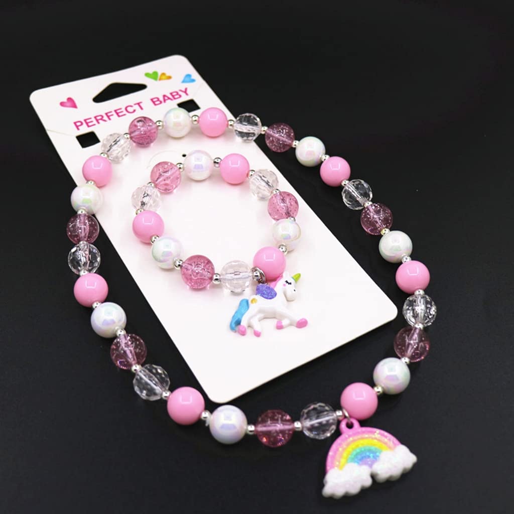 PALAY Girls' Unicorn Beads Bracelet Necklaces Rainbow Set(1 Necklace & 1 Bracelet): Unicorn Jewellery Birthday Gift Great Costume Jewelry for Children Girls and Dress Up-Pink PALAY Girls' Unicorn Beads Bracelet Necklaces Rainbow Set(1 Necklace & 1 Bracelet): Unicorn Jewellery Birthday Gift Great Costume Jewelry for Children Girls and Dress Up-Pink